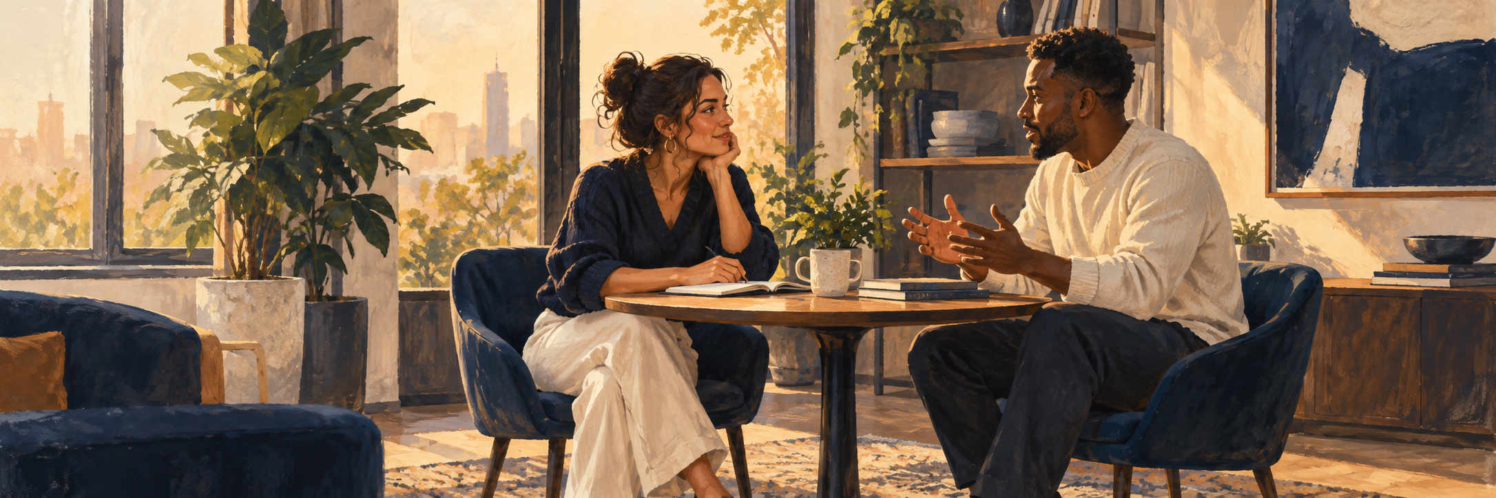 Editorial illustration of two colleagues having a focused coaching conversation.