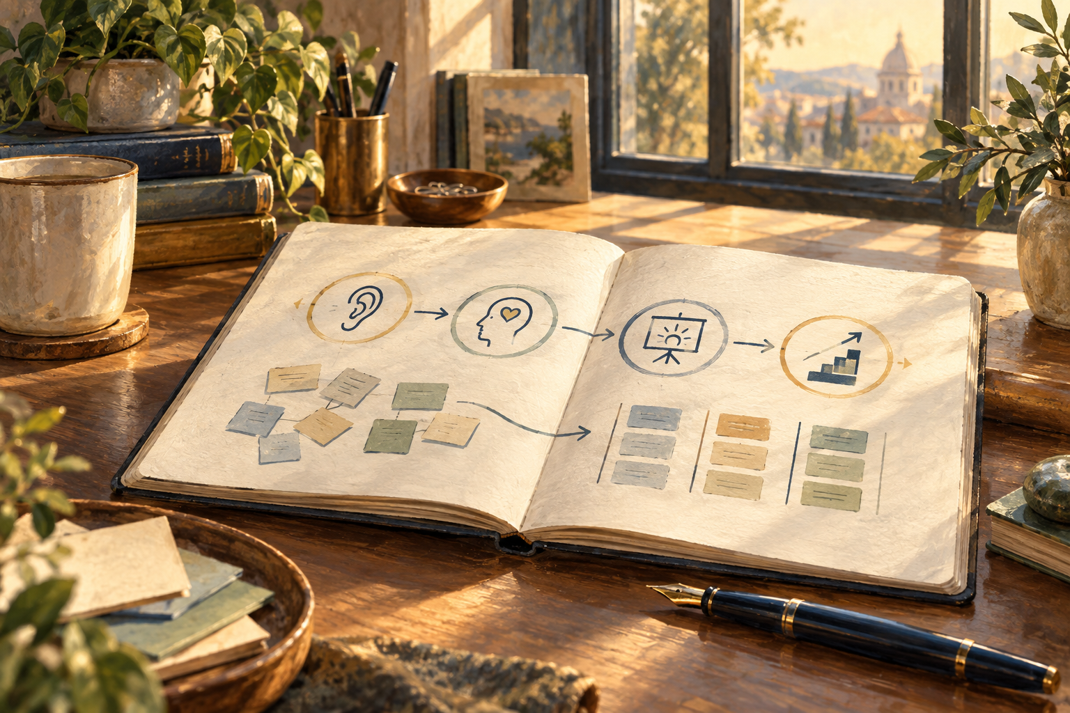 Editorial illustration of a notebook showing an organized path from listening through a clear next step.